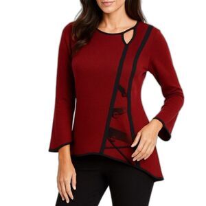 Jaskar Art-To-Wear Women's Red Black Asymmetrical Cut-out Neckline Tunic Top M